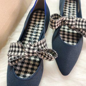 Rothys Mary Janes Gingham Ink Gingham Navy Blue with Bow